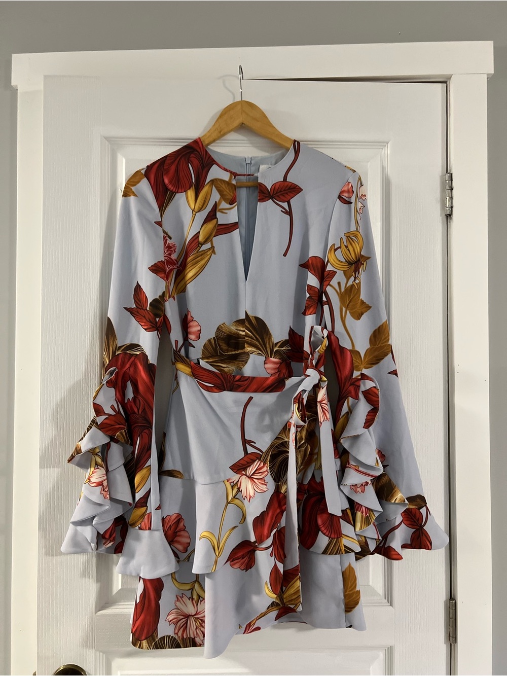 C/MEO Collective Pale Blue Dress with Red and Yellow Floral Motif
